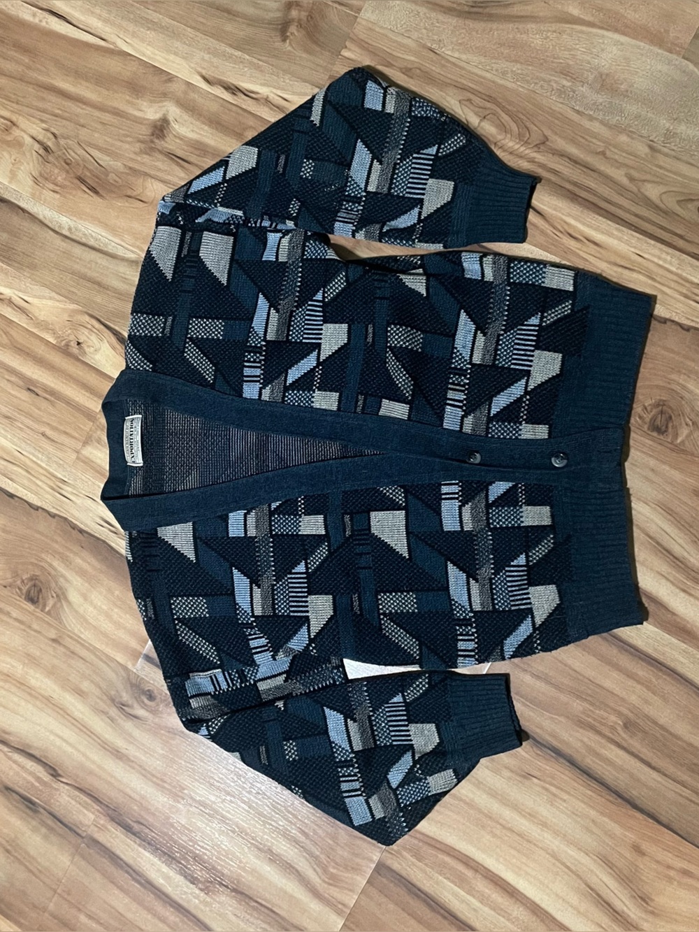 VTG 90s Long Beach of Exportation Geometric Cardigan Embroidered Eye Motif M/L